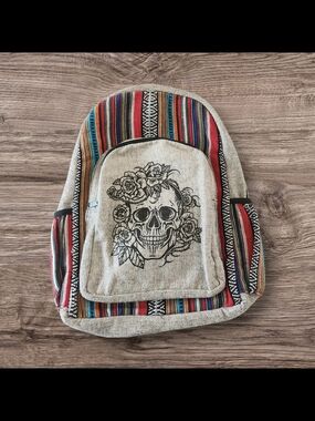 Boho Skull Floral Backpack - Natural with Multicolor Stripes
